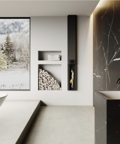 Tall Black Infralia G-Ceramic Fireplace 2400w wall-mounted infrared heater with a 4K LCD screen showing realistic flame effect at its base
