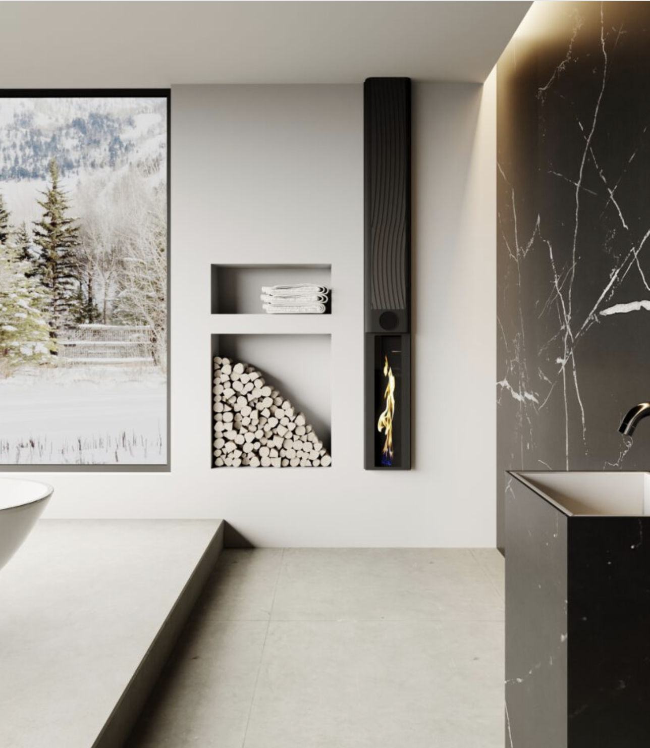 Tall Black Infralia G-Ceramic Fireplace 2400w wall-mounted infrared heater with a 4K LCD screen showing realistic flame effect at its base